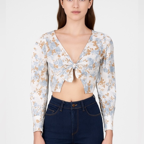 WAYF 100% cotton tie front crop blouse - Picture 1 of 9